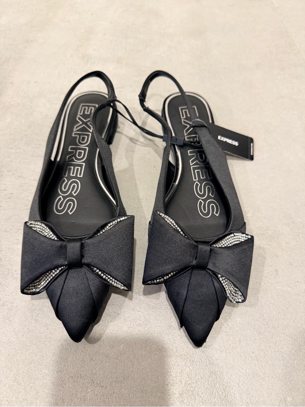 Express Black Pointed-Toe Slingback Flats with Bow and Rhinestone Trim